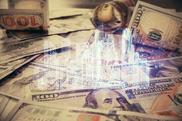 Double exposure of town drawing over usa dollars bill background. smart city concept.