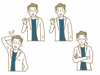 スクラブに白衣を羽織った若い男性医師の表情パターンのイラスト素材セット