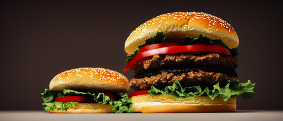 Hamburger and fried potatoes on a wooden table