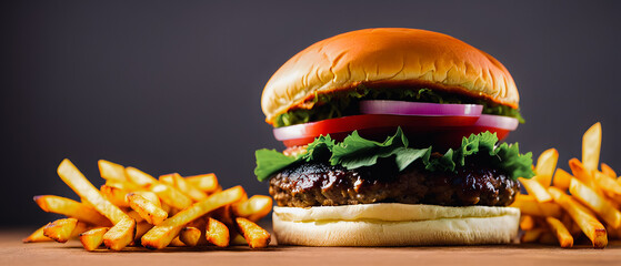 Hamburger and fried potatoes on a wooden table