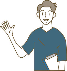 片手を上げて説明するスクラブを着た若い男性医師