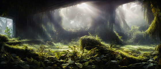 Artistic concept illustration of an abandoned space station overgrown with vegetation, empty room, background illustration.
