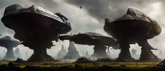 Artistic painting concept of spaceship in futuristic landscape, digital art style, illustration background painting. Creative Design, Tender and dreamy design.