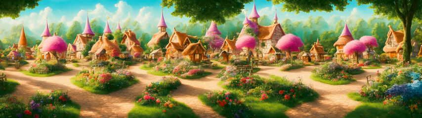 Obraz premium Artistic concept illustration of a Fairy tales village with small houses, background illustration.