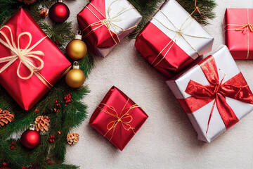 Merry Christmas and Happy Holidays ornaments and gift on background. Christmas background with Christmas balls and decoration. Winter xmas holiday theme. 