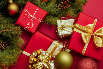 Merry Christmas and Happy Holidays ornaments and gift on background. Christmas background with Christmas balls and decoration. Winter xmas holiday theme. 