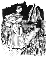 A peasant woman is walking along a rural road with a basket in her hands, a small dog is running nearby. Vintage line drawing or engraving illustration.