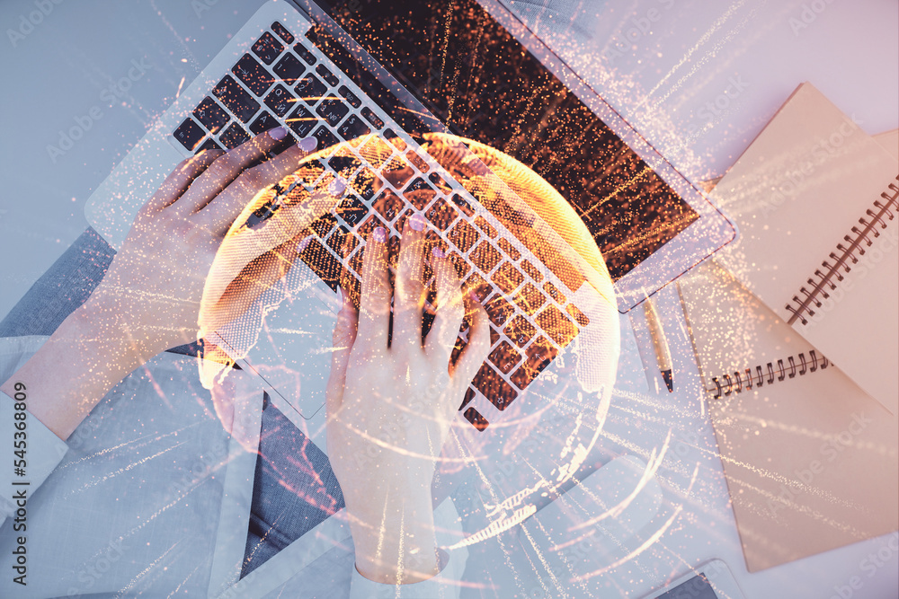 Poster double exposure of woman hands working on computer and social network theme hologram drawing. top vi