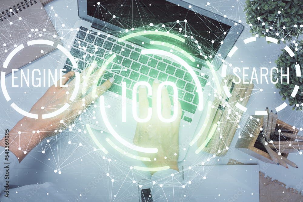 Aufkleber double exposure of woman hands working on computer and blockchain theme hologram drawing. top view. 
