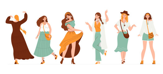 Set of Women in boho outfit. Modern boho collection with boho outfits for clothes design. Summer style. Hippie style. Elegant, modern style. © Анна Безрукова