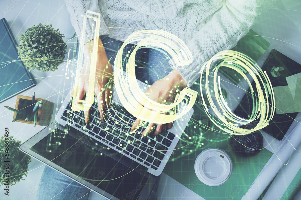 Poster Double exposure of woman hands working on computer and blockchain theme hologram drawing. Top View. bitcoin cryptocurrency concept.