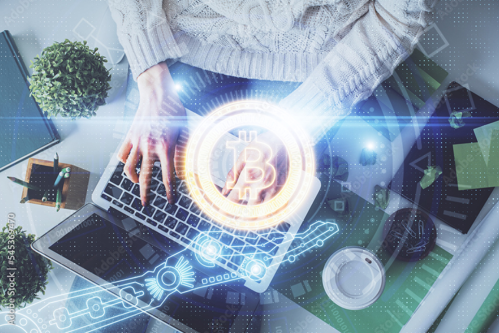Poster double exposure of woman hands working on computer and blockchain theme hologram drawing. top view. 