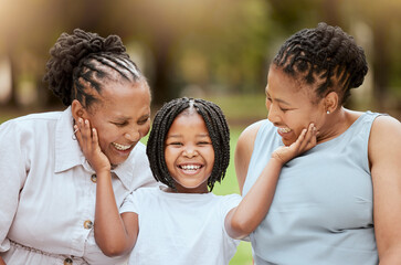 Mother, grandmother and child in garden, happy family sitting on grass, generations at picnic in park. Black family, women and small girl in nature together with love and support from mom and grandma