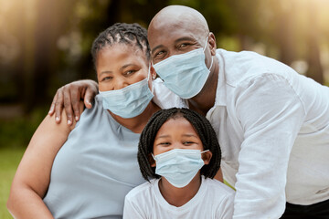 Covid, bonding and girl with grandparents in a garden with love, care and relax in Australia. Black family, insurance and portrait of an African child with senior man and woman with mask in nature