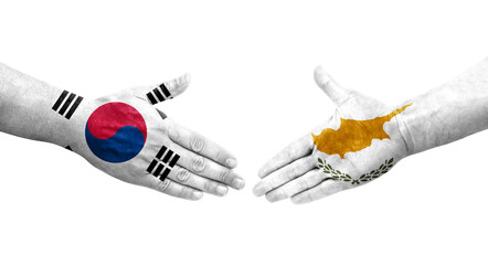 Handshake between South Korea and Cyprus flags painted on hands, isolated transparent image.