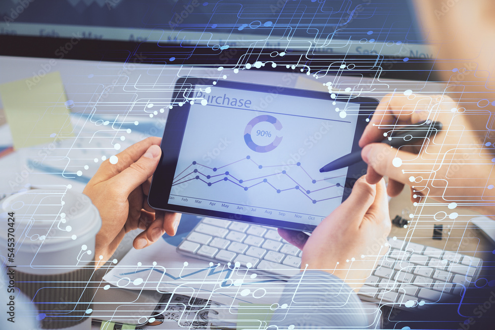 Poster Multi exposure of man's hands holding and using a digital device and data theme drawing. Innovation concept.