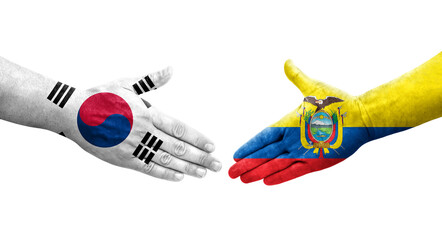 Handshake between South Korea and Ecuador flags painted on hands, isolated transparent image.