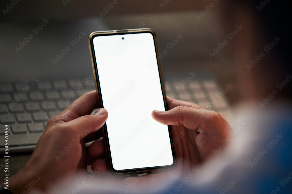 Poster hands with smartphone mock up, technology and communication, businessman with phone in marketing or 