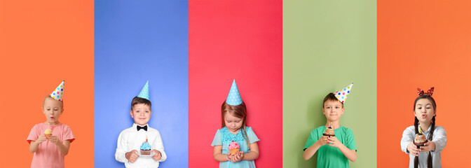 Collage of little children with tasty Birthday cupcakes on color background