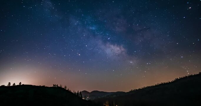 Milky way timelapse in the darkness. Sky with many stars. Earth rotation evidence