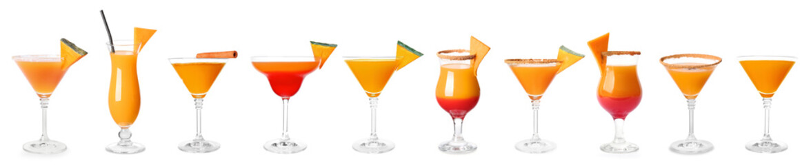 Collage of tasty pumpkin pie martini on white background
