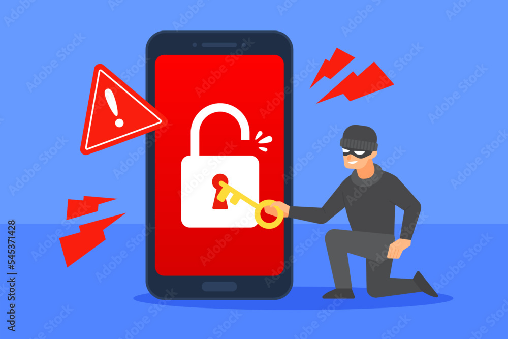 Poster hacker unlocks smartphone with key or padlock. system warning alert of cyber security threat concept