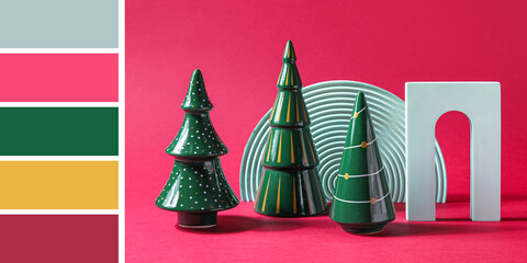 Toy Christmas trees and decor on red background. Different color patterns