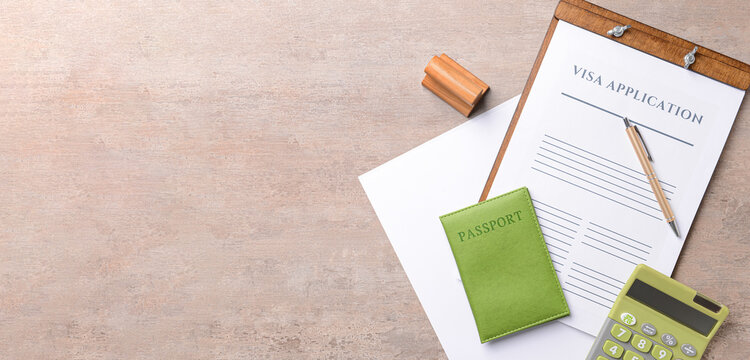 Banner with visa application form, passport, stamp and calculator on table. Concept of immigration