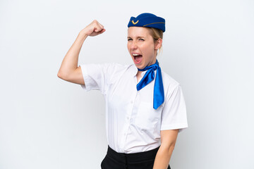 Airplane blonde stewardess woman isolated on white background doing strong gesture