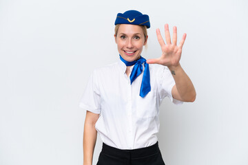 Airplane blonde stewardess woman isolated on white background counting five with fingers