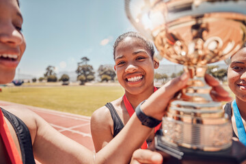 Winner runner, women holding trophy or fitness for happy team race, sport success or celebration...