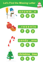 Let’s find the missing letter. Preschool worksheet with Christmas theme. Educational spelling printable game worksheet. Vector illustration. 
