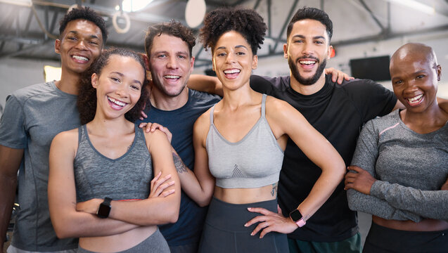 Fitness, health and gym portrait of friends together for wellness, workout and exercise lifestyle. Commitment, happy and interracial friendship with healthy cardio people excited in gymnasium.