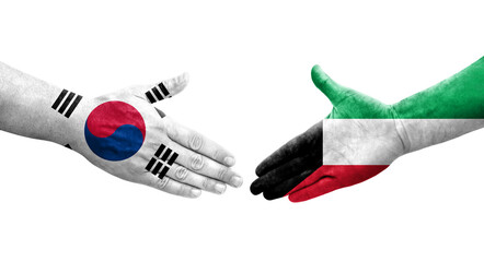 Handshake between South Korea and Kuwait flags painted on hands, isolated transparent image.