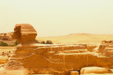 The Great Sphinx of Giza is a limestone statue of a reclining sphinx in Egypt