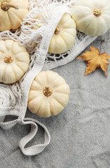 Top view autumn composition with pumpkins in mesh shopping bag