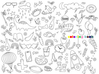 Hand drawn vector set of elements. Many animal, vegetable and amusement objects vector background