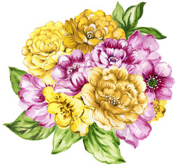 Watercolor gouache liberty vintage sweet bouquet of flowers stock illustration pink and yellow color