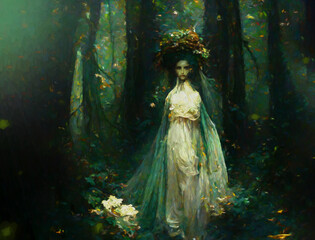 digital painting of a beautiful victorian steam punk wood nymph or dryad in a magical green forest ,illustration . made with the help of AI - obrazy, fototapety, plakaty