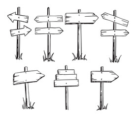 set of wooden signs. Isolated hand drawings on a white background. Arrows pointers, signs, column with pointers