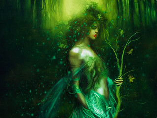 digital painting of a beautiful wood nymph or dryad in a magical green forest ,illustration . made with the help of AI - obrazy, fototapety, plakaty