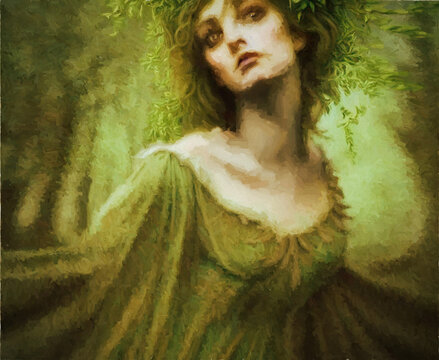 digital painting of a beautiful wood nymph or dryad in a magical green forest ,illustration  made with the help of AI