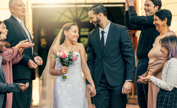 Marriage love, couple and wedding celebration applause from excited group of people, church crowd or clapping guest audience. Partnership commitment ceremony, man and woman walk with flower bouquet