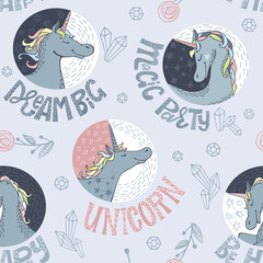 Unicorns with lettering and stars. Seamless pattern. Vector illustration for party, print, baby shower, wallpaper, design