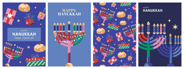 Hanukkah holiday banner design set with menorah, traditional donuts, gift boxes and spinning top. Modern template background for social media. Vector illustration