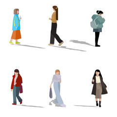 Women with various styles of clothing suitable in winter and spring in a flat design style