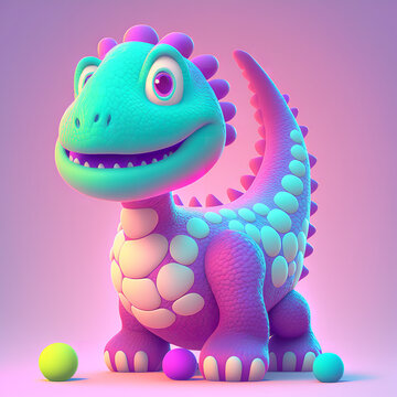 Soft Green And Purple Baby Dinosaur 3d Cartoon Ilustration