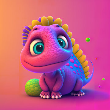 Pink And Yellow Baby Dinosaur 3d Cartoon Ilustration