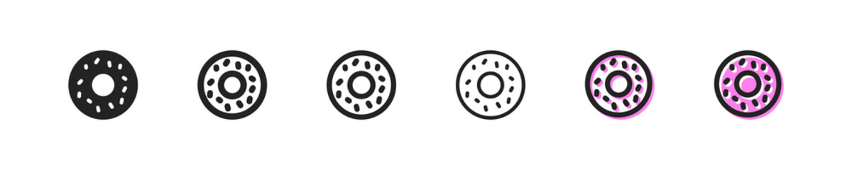 Donut set icon. Sweet, delicious, dessert, high-calorie, stuffing, fresh, soft, dough-boy, doughnut, sinker, fritter, baking. Food concept. Vector line icon for Business and Advertising