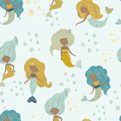 Seamless marine pattern cute black mermaid, digital paper, for surface design, kids clothing,print